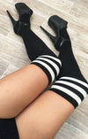 Black Thigh High Socks with White Stripe